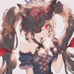  1girl animal_ears black_dress black_gloves cat_ears character_request collarbone copyright_request dress eyepatch gloves grey_background hair_ribbon highres long_hair looking_at_viewer n.a. red_eyes red_ribbon ribbon simple_background solo twintails 