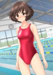  1girl absurdres akiyama_yukari arms_at_sides asics ass_visible_through_thighs bangs blurry blurry_background blush breasts brown_eyes brown_hair clothes_writing collarbone competition_swimsuit cowboy_shot depth_of_field embarrassed emblem eyebrows_visible_through_hair from_behind girls_und_panzer highres lane_line legs_apart logo looking_at_viewer multiple_views nose_blush one-piece_swimsuit pool poolside red_swimsuit shiny shiny_hair short_hair small_breasts standing swept_bangs swimsuit takafumi thighs water wavy_hair 