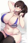  1girl alternate_costume arm_up bangs bikini black_legwear blue_bikini blush breasts brown_eyes brown_hair collarbone commentary_request highres huge_breasts kaga_(kantai_collection) kantai_collection konoshige_(ryuun) long_hair multicolored multicolored_bikini multicolored_clothes navel o-ring o-ring_bikini o-ring_bottom o-ring_top side_ponytail sitting solo swimsuit thighhighs white_bikini 