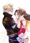  1boy 1girl aerith_gainsborough aerith_gainsborough_(terra&#039;s_garb) arm_ribbon bead_bracelet beads black_jacket black_pants blue_eyes blue_ribbon bracelet breasts cape cloud_strife cloud_strife_(locke&#039;s_outfit) cosplay couple detached_sleeves dress earrings final_fantasy final_fantasy_vii final_fantasy_vii_ever_crisis floral_print green_eyes hair_between_eyes hair_bobbles hair_ornament hair_ribbon hand_in_another&#039;s_hair hand_on_another&#039;s_wrist headband hetero highres jacket jewelry light_blush locke_cole locke_cole_(cosplay) long_hair looking_at_another medium_breasts official_alternate_costume pants parted_bangs pink_ribbon ponytail print_dress red_dress red_sleeves ribbon rochefort1119 sash short_hair sidelocks sleeves_rolled_up smile spiked_hair strapless strapless_dress terra_branford terra_branford_(cosplay) tube_dress twitter_username upper_body waist_sash white_background yellow_cape yellow_ribbon 