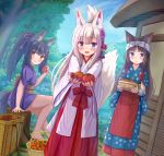  3girls :d absurdres animal_ears apron bangs black_hair blue_kimono blush bow bowl brown_eyes cat_ears closed_mouth commentary_request day eyebrows_visible_through_hair food fox_ears fox_girl fox_tail hair_between_eyes hakama highres holding holding_bowl holding_food iroha_(iroha_matsurika) japanese_clothes kimono long_sleeves looking_at_viewer miko multiple_girls open_mouth original outdoors outstretched_arms polka_dot polka_dot_bow purple_eyes purple_kimono red_apron red_hakama short_sleeves silver_hair sitting smile standing tail tail_raised tasuki tomato tree_stump waist_apron white_bow white_kimono wide_sleeves 