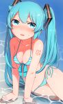  1girl :d abmayo absurdres aqua_eyes aqua_hair arm_support bangs bare_arms bikini blush breasts cleavage collarbone commentary_request feet_out_of_frame front-tie_top hair_ornament hatsune_miku highres long_hair looking_at_viewer navel ocean open_mouth painttool_sai_(medium) shoulder_tattoo side-tie_bikini sitting sitting_on_water smile solo striped striped_bikini sweatdrop swimsuit tattoo twintails very_long_hair vocaloid water 