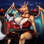  1:1 anthro anthro_on_anthro big_breasts breast_grab breast_rest breasts canid canine canis charizard choker cleavage clothed clothing dan_darkheart female furgonomics furry-specific_piercing hand_on_breast hi_res huge_breasts jewelry kara_(dandarkheart) larger_female male male/female mammal mizukithia necklace night nintendo nipple_slip piercing pok&eacute;mon pok&eacute;mon_(species) sitting size_difference smaller_male video_games wolf 