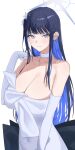  1girl absurdres blue_archive blue_eyes blue_hair blue_halo breasts choker cleavage closed_mouth colored_inner_hair commentary_request dress earrings elbow_gloves evening_gown flower gangjeong gloves hair_flower hair_ornament halo hand_up highres huge_breasts jewelry korean_commentary multicolored_hair official_alternate_costume saori_(blue_archive) saori_(dress)_(blue_archive) simple_background smile solo strapless strapless_dress upper_body white_background white_choker white_dress white_gloves 