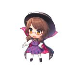  1girl bangs black_footwear black_headwear bolo_tie bow brown_hair cape capelet chibi cloak eyebrows_visible_through_hair fedora full_body hand_on_hip hat hat_bow highres long_sleeves low_twintails medium_hair open_mouth plaid plaid_skirt plaid_vest purple_skirt purple_vest red-framed_eyewear runes simple_background skirt solo touhou twintails usami_sumireko vest white_background white_bow white_legwear white_sleeves yada_(xxxadaman) 