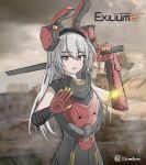  1girl absurdres animal_ears armored_leotard blurry blurry_background copyright_name cowboy_shot english_commentary fake_animal_ears gauntlets girls&#039;_frontline_2:_exilium grey_hair hair_between_eyes hand_up highres holding holding_sword holding_weapon itzmeteoni krolik_(girls&#039;_frontline_2) leotard long_hair looking_at_viewer mechanical_ears open_mouth playboy_bunny rabbit_ears red_eyes solo sword tactical_playboy_bunny twitter_username weapon 