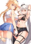  2girls absurdres armpits arms_up bikini bikini_top blonde_hair blush braid braided_ponytail fate/grand_order fate_(series) from_behind highres jeanne_d&#039;arc_(alter)_(fate) jeanne_d&#039;arc_(fate) jeanne_d&#039;arc_(fate)_(all) long_hair midriff multiple_girls mystery_treasure navel school_uniform serafuku swimsuit thighhighs torn_clothes torn_legwear very_long_hair viral1112 white_hair zettai_ryouiki 