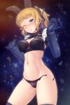  1girl black_bow black_bowtie black_bra black_panties blonde_hair blue_eyes blush bow bowtie bra breasts cleavage commentary_request commission gundam gundam_build_fighters gundam_build_fighters_try hair_bow hoshino_fumina mecha_musume medium_breasts one_eye_closed panties ponytail ryu-akt skeb_commission solo star_(sky) super_fumina sweat torn_clothes torn_panties underwear 