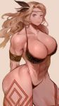  1girl abs amazon amazon_(dragon&#039;s_crown) armor ass ass_visible_through_thighs bikini bikini_armor blue_eyes breasts brown_feathers dragon&#039;s_crown expressionless feathers full_body hair_feathers highres ibuo_(ibukht1015) large_breasts long_hair looking_at_viewer muscle muscular_female shiny shiny_skin simple_background swimsuit thick_thighs thigh_tattoo thighs 