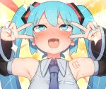  1girl :d abmayo ahegao aqua_eyes aqua_hair aqua_nails armpits bare_shoulders black_sleeves blue_neckwear blush commentary_request detached_sleeves double_v emotional_engine_-_full_drive fate/grand_order fate_(series) grey_shirt hair_ornament hands_up hatsune_miku highres long_hair nail_polish necktie open_mouth saliva shirt shoulder_tattoo sleeveless sleeveless_shirt smile solo sparkle sparkle_background sunburst sunburst_background sweat tattoo tearing_up twintails upper_body v v-shaped_eyebrows v_over_eye vocaloid 