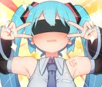  1girl abmayo aqua_hair aqua_nails armpits bare_shoulders black_blindfold black_sleeves blindfold blue_neckwear blush commentary_request detached_sleeves double_v emotional_engine_-_full_drive facing_viewer fate/grand_order fate_(series) grey_shirt hair_ornament hands_up hatsune_miku highres long_hair nail_polish necktie open_mouth shirt shoulder_tattoo sleeveless sleeveless_shirt smile solo sparkle sparkle_background sunburst sunburst_background sweat tattoo twintails upper_body v v-shaped_eyebrows vocaloid 