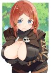  1girl absurdres assassin blue_eyes blush breasts cleavage commission forest gloves hair_ornament hair_tubes highres hood hooded_sweater kinako_(mzknk0) large_breasts looking_at_viewer nature official_alternate_costume red_hair rose_(scattered_bones_outfit)_(tales) rose_(tales) short_hair smile solo sweater tales_of_(series) tales_of_zestiria tree unbuttoning 