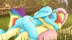 3d_(artwork) absurd_res afterglow anthro balls blue_body blue_eyes bodily_fluids butt cum digital_media_(artwork) duo equid equine fluttershy_(mlp) friendship_is_magic genital_fluids genitals grass hair hasbro hi_res male male/male mammal multicolored_hair multicolored_tail my_little_pony mythological_creature mythological_equine mythology nude outside outside_sex pegasus penis pink_hair pink_tail plant rainbow_dash_(mlp) rainbow_hair rainbow_tail sex tail tree unie wings