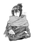  1boy copyright_name crossed_arms fingernails greyscale hair_between_eyes hatching_(texture) highres male_focus monochrome natsu_(rodysanp) nezumi_(no.6) no.6 parted_lips scarf simple_background solo torn torn_clothes torn_scarf upper_body white_background 