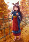  1girl absurdres animal_ear_fluff animal_ears apron autumn_leaves bamboo_fence blue_eyes blue_kimono blush bow brown_footwear brown_hair cat_ears commentary_request day fence full_body hand_up highres iroha_(iroha_matsurika) japanese_clothes kimono leaf long_hair looking_at_viewer maple_leaf obi original outdoors parted_lips polka_dot polka_dot_bow red_apron sash short_sleeves solo standing tasuki tree very_long_hair waist_apron white_bow zouri 