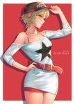 1girl absurdres alice_garnet_nakata bare_shoulders baseball_cap bikini blonde_hair breasts cleavage collarbone fatal_fury_cap green_eyes hat highres large_belt leofoxart loose_clothes loose_shirt medium_breasts off-shoulder_shirt off_shoulder open_mouth shirt short_hair simple_background smile solo star_(symbol) swimsuit the_king_of_fighters the_king_of_fighters_xiv 