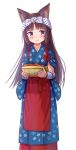  1girl absurdres animal_ear_fluff animal_ears apron bangs blue_kimono blush bowl brown_hair cat_ears closed_mouth commentary_request eyebrows_visible_through_hair food highres holding holding_bowl iroha_(iroha_matsurika) japanese_clothes kimono long_hair looking_at_viewer original purple_eyes red_apron short_sleeves simple_background smile solo standing tasuki very_long_hair waist_apron white_background 