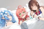  3girls ahoge bare_shoulders blanket blue_hair blush brown_hair eyebrows_visible_through_hair flower frills green_eyes hair_flower hair_ornament hairclip highres hololive kase_(kurimuzone_oruta) multiple_girls pillow pink_hair pointy_ears sakura_miko sleeping tokino_sora virtual_youtuber x_hair_ornament yukihana_lamy 