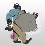 2024 alcohol ambiguous_gender ambiguous_prey anthro badger beer belly beverage beverage_can big_belly bottomwear clothing hair hi_res holding_object male male_pred mammal mustelid musteline navel nipple_piercing nipples pants piercing rumbling_stomach shirt squirming topwear vore walking watermark wildside