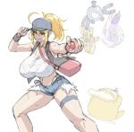  1girl ahoge artoria_pendragon_(all) bag bangs baseball_cap beer_can black_vest blonde_hair blue_eyes blue_headwear blush breasts can cosplay cutoffs denim denim_shorts eggplant eu03 fate/grand_order fate_(series) gen_1_pokemon grocery_bag hair_between_eyes hair_through_headwear hat highres hilda_(pokemon) hilda_(pokemon)_(cosplay) large_breasts long_hair looking_at_viewer magnemite mysterious_heroine_xx_(foreigner) navel open_mouth pokemon pokemon_(game) pokemon_bw ponytail psyduck shirt shopping_bag short_shorts shorts sidelocks simple_background sleeveless sleeveless_shirt smile tank_top vest white_background white_shirt 