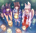  3girls :d absurdres animal_ears bangs barefoot black_hair blue_eyes blue_kimono blush bow brown_eyes brown_hair cat_ears closed_mouth commentary_request eyebrows_visible_through_hair floral_print flower fox_ears fox_girl fox_tail hair_flower hair_ornament hakama highres holding iroha_(iroha_matsurika) japanese_clothes kimono lantern lantern_on_liquid leaning_forward long_hair long_sleeves miko multiple_girls obi open_mouth original outdoors paper_lantern pink_flower print_kimono purple_eyes purple_flower red_bow red_hakama sash shallow_water short_kimono short_sleeves silver_hair smile standing tail tail_raised tasuki very_long_hair wading water white_flower white_kimono wide_sleeves 