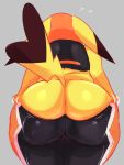  3:4 absurd_res anthro behniis big_butt butt butt_focus cleft_tail clothing cosplay_pikachu_(costume) female female_(lore) grey_background hi_res huge_butt nintendo pikachu pikachu_libre pok&eacute;mon pok&eacute;mon_(species) rear_view simple_background solo thick_thighs undressing video_games yellow_body yellow_skin 