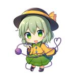  1girl bangs black_footwear black_headwear chibi eyebrows_visible_through_hair full_body green_eyes green_hair green_skirt hat hat_ribbon heart heart_of_string komeiji_koishi long_sleeves looking_at_viewer lowres medium_hair open_mouth ribbon shirt simple_background skirt smile solo third_eye touhou white_background wide_sleeves yada_(xxxadaman) yellow_ribbon yellow_shirt 