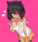  1girl :p absurdres animal_ears antyobi0720 bangs blush bob_cut breasts bright_pupils brown_hair cat_ears clothes_around_waist commentary cowboy_shot dark_skin dark_skinned_female eyebrows_visible_through_hair girls_und_panzer gloves green_eyes heart highres hoshino_(girls_und_panzer) jumpsuit kemonomimi_mode large_breasts leaning_forward looking_at_viewer mechanic one_eye_closed orange_jumpsuit pink_background pulled_by_self see-through shirt shirt_pull short_hair simple_background smile solo standing sweat tan tank_top tanline tongue tongue_out uniform white_gloves white_pupils white_shirt 