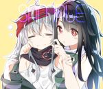  2girls ahoge black_hair blush c-ms_(girls_frontline) cheek_pinching closed_eyes english_text g11_(girls_frontline) girls_frontline grey_hair headband lethe-shion long_hair looking_at_viewer multiple_girls pinching red_eyes sleepy sleeveless 