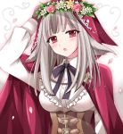  1girl arm_up breasts fire_emblem fire_emblem_fates fire_emblem_heroes gloves head_wreath hood kirishima_riona leather looking_at_viewer medium_breasts open_mouth red_eyes ribbon simple_background solo upper_body velouria_(fire_emblem) 