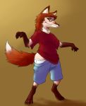  2016 anthro black_nose bottomwear brown_background canid canine clothing digitigrade eyewear fox glasses hi_res looking_at_viewer male mammal shirt shorts simple_background smile solo subakitsu tongue tongue_out topwear transformation underwear 