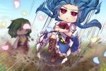  2girls :&gt; blue_flower blue_hair blue_skirt blue_sky blush boots bow bright_pupils brown_footwear celestial chibi commentary_request cross-laced_footwear crossed_arms dirt dust faceless field flower flower_field frilled_skirt frills frown full_body glowing_petals green_hair hair_up hinanawi_tenshi holding holding_umbrella kazami_yuuka keystone knee_boots lace-up_boots landing long_hair long_sleeves masochism motion_blur motion_lines multiple_girls outdoors parasol petals pink_flower plaid plaid_skirt plaid_vest puffy_short_sleeves puffy_sleeves red_bow red_eyes red_neckwear red_skirt red_vest rope rose_petals shards shide shimenawa shirt short_hair short_sleeves skirt skirt_set sky smile speed_lines standing standing_on_one_leg touhou umbrella unime_seaflower v-shaped_eyebrows vest white_pupils white_shirt wind yellow_flower yellow_neckwear 