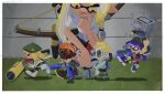  2boys 3girls asymmetrical_hair beret black_hat blonde_hair blue_hair boots border braid coat dark-skinned_male dark_skin e-liter_4k_(splatoon) eyebrow_cut flingza_roller_(splatoon) glasses glooga_dualies_(splatoon) goggles grass green_coat green_hat hat highres hyper_chikuwabu ink_tank_(splatoon) inkling inkling_boy inkling_girl inkling_player_character long_hair mohawk multiple_boys multiple_girls nautilus_(splatoon) octoling octoling_boy octoling_player_character orange_hair pink-tinted_eyewear pointy_ears round_eyewear running shadow shirt short_hair short_sleeves splatoon_(series) squatting standing tentacle_hair tinted_eyewear torn_clothes torn_shirt tri-stringer_(splatoon) uneven_eyes white_border white_footwear white_shirt yellow_eyes 