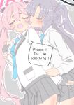  2girls black_gloves black_skirt blue_archive blue_necktie blush closed_eyes collared_shirt commentary english_text fang fingerless_gloves flying_sweatdrops geneakarin gloves grey_background halo holding_another&#039;s_wrist jacket koyuki_(blue_archive) licking licking_another&#039;s_face long_hair long_sleeves meme multiple_girls musical_note necktie open_mouth outline pink_hair pleated_skirt purple_hair shirt simple_background skin_fang skirt speech_bubble spoken_musical_note tears tongue tongue_out twintails uohhhhhhhhh!_(meme) variant_set white_jacket white_outline white_shirt yuri yuuka_(blue_archive) 