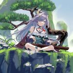  1girl absurdres blue_eyes blue_sky china_dress chinese_clothes chinese_commentary cliff commentary_request detached_sleeves dress fu_hua fu_hua_(azure_empyrea) green_dress grey_hair hair_ornament hair_over_one_eye hair_stick high_ponytail highres honkai_(series) honkai_impact_3rd instrument karst liang_yu_ji_lai long_hair long_sleeves music partial_commentary playing_instrument ponytail sitting sky sleeveless sleeveless_dress solo tree very_long_hair white_dress zither 