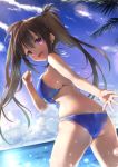  1girl bikini black_hair blue_bikini blue_sky breasts cloud commentary_request day dutch_angle from_behind highres horizon inuno_pesu large_breasts long_hair looking_at_viewer looking_back ocean original outdoors palm_leaf red_eyes sky solo standing swimsuit twintails 