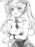  1girl areola_slip areolae blush bow breast_rest breasts cleavage copyright_request covered_navel d: fang greyscale hair_bow highleg highleg_leotard highres large_breasts leotard long_hair looking_at_viewer mini_necktie monochrome nanashi_(nlo) necktie open_mouth pantyhose simple_background sitting skin_fang solo twintails white_background wrist_cuffs 
