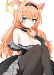  1girl animal_ear_fluff animal_ears black_dress blue_archive blue_eyes blush bow breasts cat_ears cat_girl cleavage closed_mouth commentary_request dress grey_dress hair_intakes halo highres index_finger_raised long_hair looking_at_viewer low_twintails mari_(blue_archive) mari_(idol)_(blue_archive) medium_breasts official_alternate_costume official_alternate_hairstyle orange_hair simple_background smile solo strap_slip twintails two-tone_dress white_background wrist_wrap yellow_bow yellow_halo yon_(letter) 