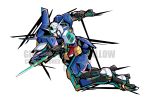  absurdres blue_eyes character_name commission flying glowing glowing_eyes gundam gundam_age gundam_age-1 gundam_age-1_spallow gylmyr highres horns mecha no_humans open_hand solo watermark white_background 
