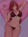  1girl absurdres arm_behind_back bed_sheet bikini biriyb black_bikini breasts brown_eyes erza_scarlet fairy_tail hair_over_one_eye heart heart_pillow highres large_breasts legs_together long_hair looking_at_viewer lying navel on_back on_bed pillow red_hair smile swimsuit thighs 