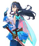  1girl belt blue_butterfly blue_eyes blue_hair breasts bug butterfly cape cropped_legs detached_sleeves fire_emblem fire_emblem_awakening fire_emblem_heroes from_side gloves highres insect looking_at_viewer lucina_(fire_emblem) sakuremi small_breasts solo sword tiara weapon white_background 