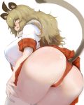  1girl absurdres animal_ear_fluff animal_ears antenna_hair ass bangs bare_arms breasts brown_hair cat_girl commentary_request curvy dutch_angle eyebrows_visible_through_hair fang from_behind fur_collar hair_over_one_eye hand_on_own_thigh highres huge_breasts kemono_friends light_brown_hair lion_(kemono_friends) lion_ears lion_girl lion_tail long_hair looking_at_viewer looking_back microskirt open_mouth panties partially_visible_vulva plaid plaid_skirt plaid_sleeves red_panties red_skirt shibori_kasu shiny shiny_hair shiny_skin shirt short_sleeves simple_background skirt smile solo tail thighhighs twisted_torso underwear white_background white_shirt yellow_eyes 
