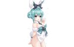  animal_ears aqua_eyes aqua_hair blush bow breasts bunny_ears bunnygirl cleavage hatsune_miku leotard stockings tail tie viwop vocaloid white wristwear 