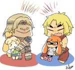  2boys 2girls animal_crossing artist_request blonde_hair castlevania chibi dougi headband highres hug inkling isabelle_(animal_crossing) karate_gi ken_masters multiple_boys multiple_girls opposing_sides orange_hair protecting shirt signature simon_belmont size_difference sleeveless source_request splatoon_(series) street_fighter super_smash_bros. t-shirt topknot 