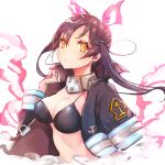  1girl bikini black_bikini black_hair black_jacket breasts cleavage commentary_request en&#039;en_no_shouboutai fiery_ears fire firefighter_jacket hair_between_eyes hand_up highres jacket long_hair looking_at_viewer parted_lips simple_background solo stomach swimsuit tamaki_kotatsu tomochi_(tmc_tmc8) twintails upper_body white_background yellow_eyes 