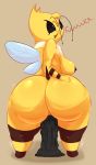  absurd_res anthro arthropod bee behniis big_breasts big_butt blush breasts butt dialogue dildo dildo_sitting female hi_res holding_butt huge_butt hymenopteran insect masturbation nipples non-mammal_breasts nude penetration quinn_(behniis) sex_toy solo thick_thighs yellow_body 