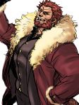  1boy alternate_costume arabagi bara beard coat facial_hair fate/grand_order fate/zero fate_(series) fur-trimmed_coat fur_trim iskandar_(fate) looking_at_viewer male_focus muscle open_clothes open_coat red_coat red_eyes red_hair short_hair sketch smile solo upper_body white_background 