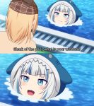  2girls absurdres animal_hood blonde_hair blue_hair deerstalker gawr_gura hat highres hololive hololive_english hood jan_azure medium_hair meme multicolored_hair multiple_girls pool poolside shark_hood sidelocks silver_hair streaked_hair tejina_senpai virtual_youtuber water watson_amelia 