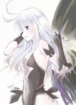  1girl anne_(bravely_second) antenna_hair arms_up black_gloves black_leotard blue_eyes bravely_default_(series) bravely_second:_end_layer breasts butterfly_wings commentary_request fairy gloves hand_in_hair leotard long_hair pointy_ears sideboob silver_hair simple_background sketch small_breasts smile solo upper_body white_background wings yanagi_(haisiro) 