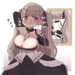 1girl adjusting_clothes azur_lane bangs black_dress black_ribbon blush breasts bright_pupils choker cleavage commentary corset detached_sleeves dress eyebrows_visible_through_hair formidable_(azur_lane) frown frustrated gothic_lolita grey_hair hair_ribbon highres horoyuki_(gumizoku) large_breasts lolita_fashion long_hair mirror pout red_eyes ribbon solo standing sweatdrop twintails very_long_hair wavy_mouth white_pupils 